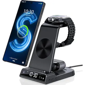 Charger for   Station with Clock for  Galaxy S25 Ultra/S24 Ultra/Z Flip 6/5/Fold 5/Bud, 3 in 1 Android  Station, Watch Charger for  Galaxy Watch 7/6/5Pro