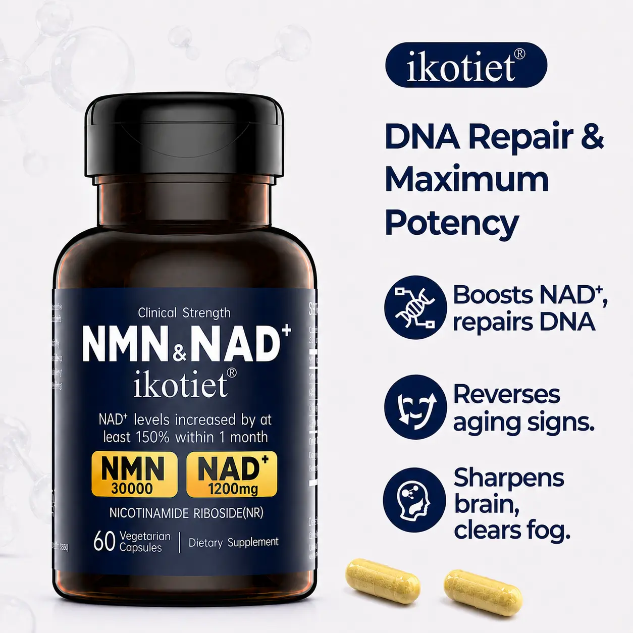 ikotiet 3-in-1 NMN 3000 + NAD+ 1200mg & NR Supplement - Daily nutritional supplement for men and women, enhancing cell vitality and energy; supporting brain health, metabolism and collagen production (1 bottle of 60 dietary supplements + free trial pack).