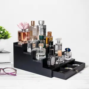 Wooden Cologne Organizer for Men, 4 Tier Cologne Display Shelf, Perfume Stand Holder for Women, Large Capacity Perfume Organizer Stand with Drawer for Dresser Bathroom Organizer
