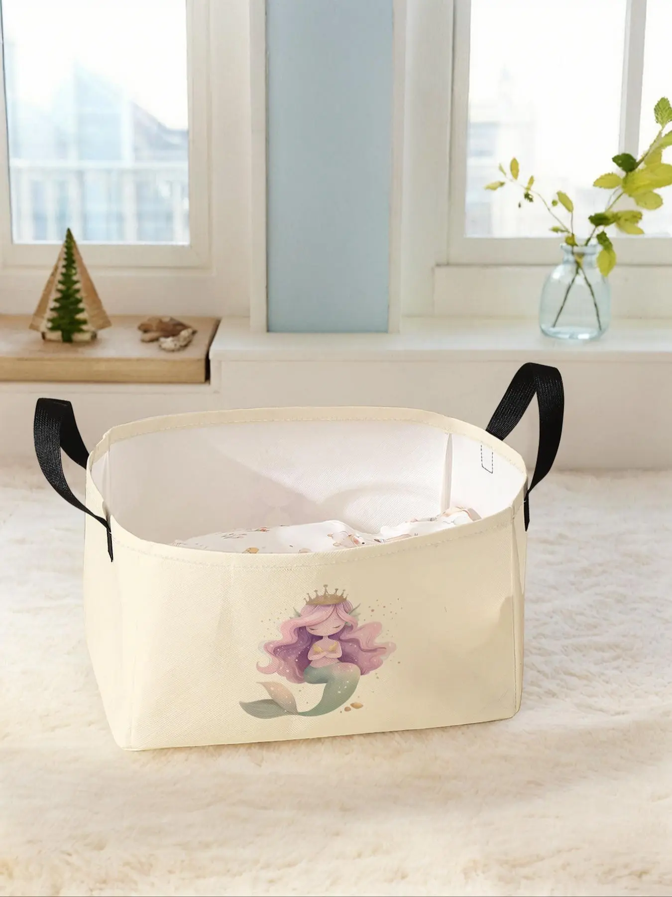 Mermaid Pattern Storage Basket with Handle, Multi-functional Storage Basket, Foldable Clothes Storage Basket, Bag Insert for Living Room, Bathroom and Kitchen, Clothes Baskets, Basket with Handles, Collapsible Storage Baskets