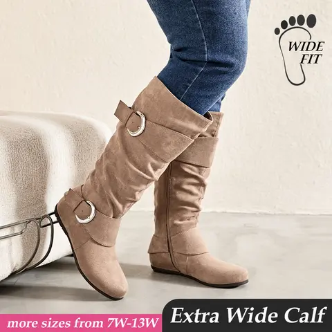 Luoika Women's Extra Wide Calf Knee High Slouchy Boots Wide Width Tall Flat Heel Side Zipper Blackpu 907 Casual Wide Fit Design