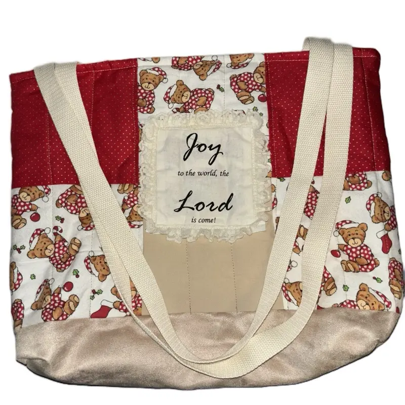 Christmas Red Teddy Bear Joy to the World the Lord Has Come Bible Verse Tote Bag with Festive Design and Soft Handles