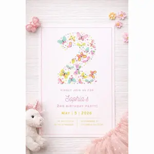 Butterfly 2nd Birthday Invitation Girl Pastel Party Theme 5x7 Inches Premium Cardstock Personalized Invitations for Spring or Summer Party