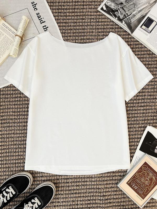 Women's Plain Off Shoulder Distressed Number 07 Tee, Casual Loose Letter Graphic Short Sleeve T-shirt for Summer, Ladies Clothes for Daily Wear