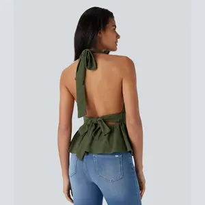 Halara Halter Tie Back Backless Ruffle Hem Casual Top