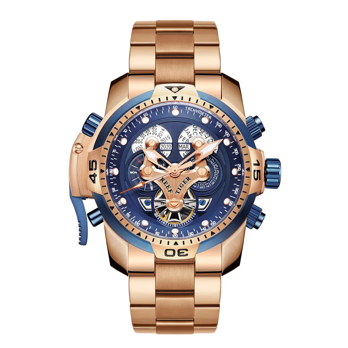 REEF TIGER Men's Military-Style 46mm Analog Automatic Mechanical Movement Wristwatch - 50M - 100M Water-Resistant, Luminous, Sporty, All-Match Steel Band with Clasp