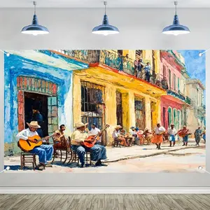 1pc 2D Flat Vibrant Havana Street Tapestry - Colorful Cuban Buildings & Salsa Music Scene Wall Hanging, Polyester Fabric Living Room, Bedroom, Office, Decor - No Electricity