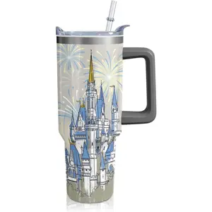 40oz Cartoon Blue Castle Theme Tumbler |   with Handle and Lid and Straw |   Firework Travel Coffee Mug -Birthday,Christmas Gift Thermal Drinkware
