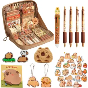 Cute with 10 Compartments Pencil Holder Pencil Bag Gift Set : Includes Pencil Case, Capybara Ball-Point Pen, Keychain, Stickers, Capybara Brooch, and Clips