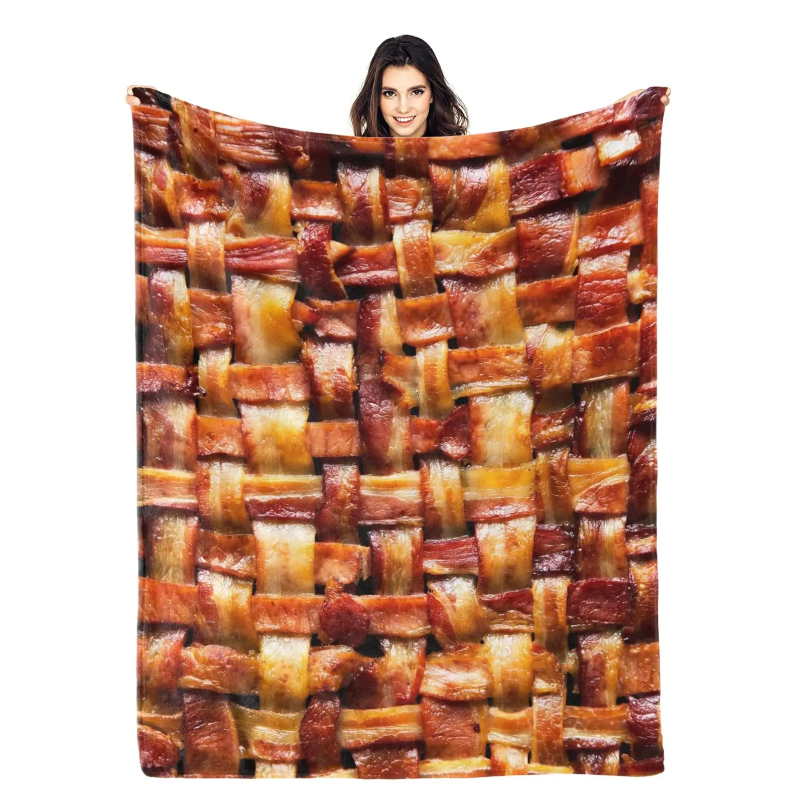 3D Funny Realistic Fried Bacon Non-Woven Fabric Throw Blanket (40x50in/127cm×101cm, 40 – 56 In Range), Breathable Ultra-Soft Durable Modern Bedding Decor for Grandparents, Adults, Camping Use, Reading, Studying