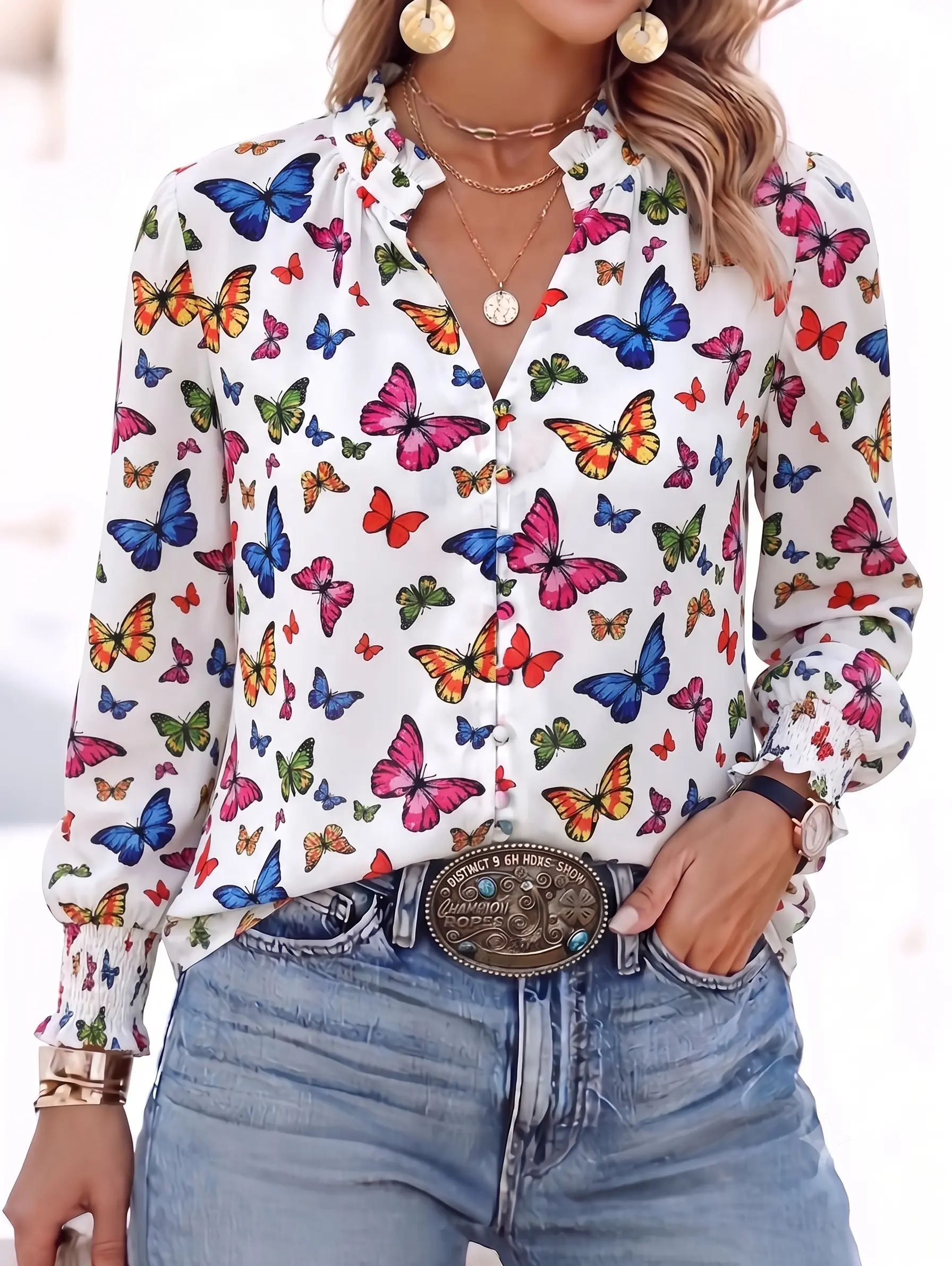 Women's Whimsical Butterfly Print Button-Down Blouse - Ruffle V-Neck, Smocked Cuffs, Autumn Aesthetic Women's Top
