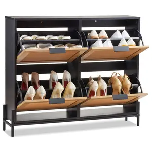 VEVOR Rattan Shoe Cabinet,  Narrow Shoe Storage Organizer with 4 Flip Drawers, Slim Shoe Entryway Storage Cabinet with Metal Legs, Ideal for Entryway, Closet, Hallway, Light Wood Color