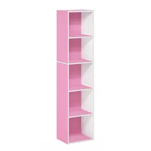PASIR Bookcase, 5-Tier Modern Bookshelf, Open Shelf Bookcase, 9 x 12 x 52, for Living Room Bedroom Home Office, Pink/White