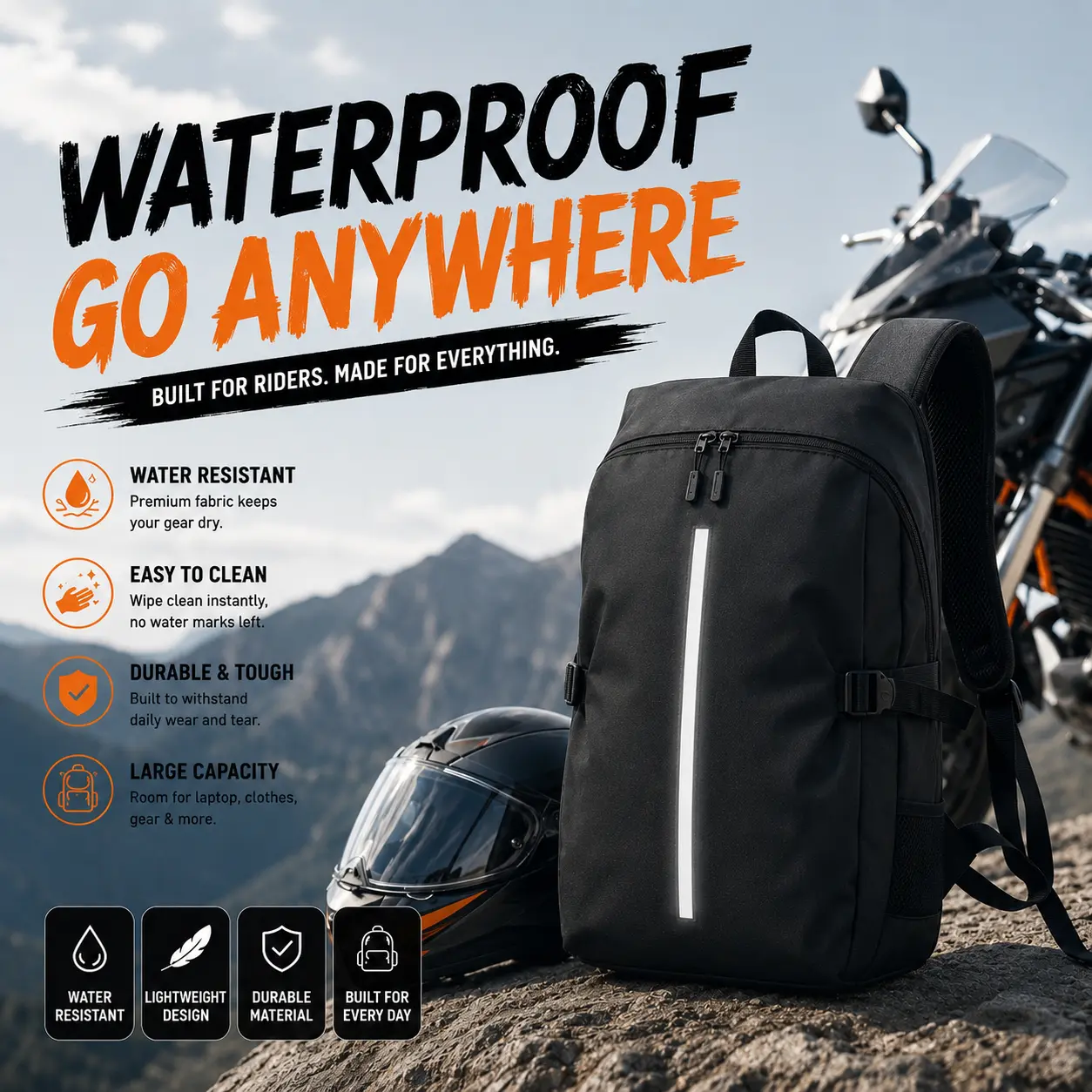 Motorcycle Backpack with Helmet Storage Heavy-Duty High Quality Riding Backpack Large Capacity Travel Bag with Reflective Strips Secure Zipper Closure PVC Construction for Men Women Riders Long Distance Tours Commute Motorbike