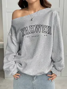 Women's Yahweh Letter Print Loose Fit Asymmetrical Shoulder Top, Casual Fashion for Fall & Winter, Perfect for Parties and Daily Wear