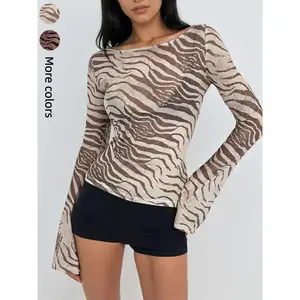 Women's Slim-Fit Zebra Print Long Sleeve Top, Casual Knit Stretchy Bottom Layering Piece, Perfect for Daily Wear & Versatile