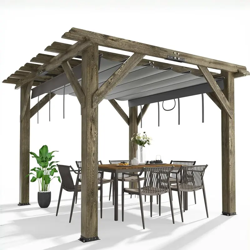 GARVEE 10X10FT Outdoor Wood Pergola with Retractable Shade Canopy, Water-Resistant Charcoal Gray Gazebo for Backyards, Gardens, Patios, and Decks