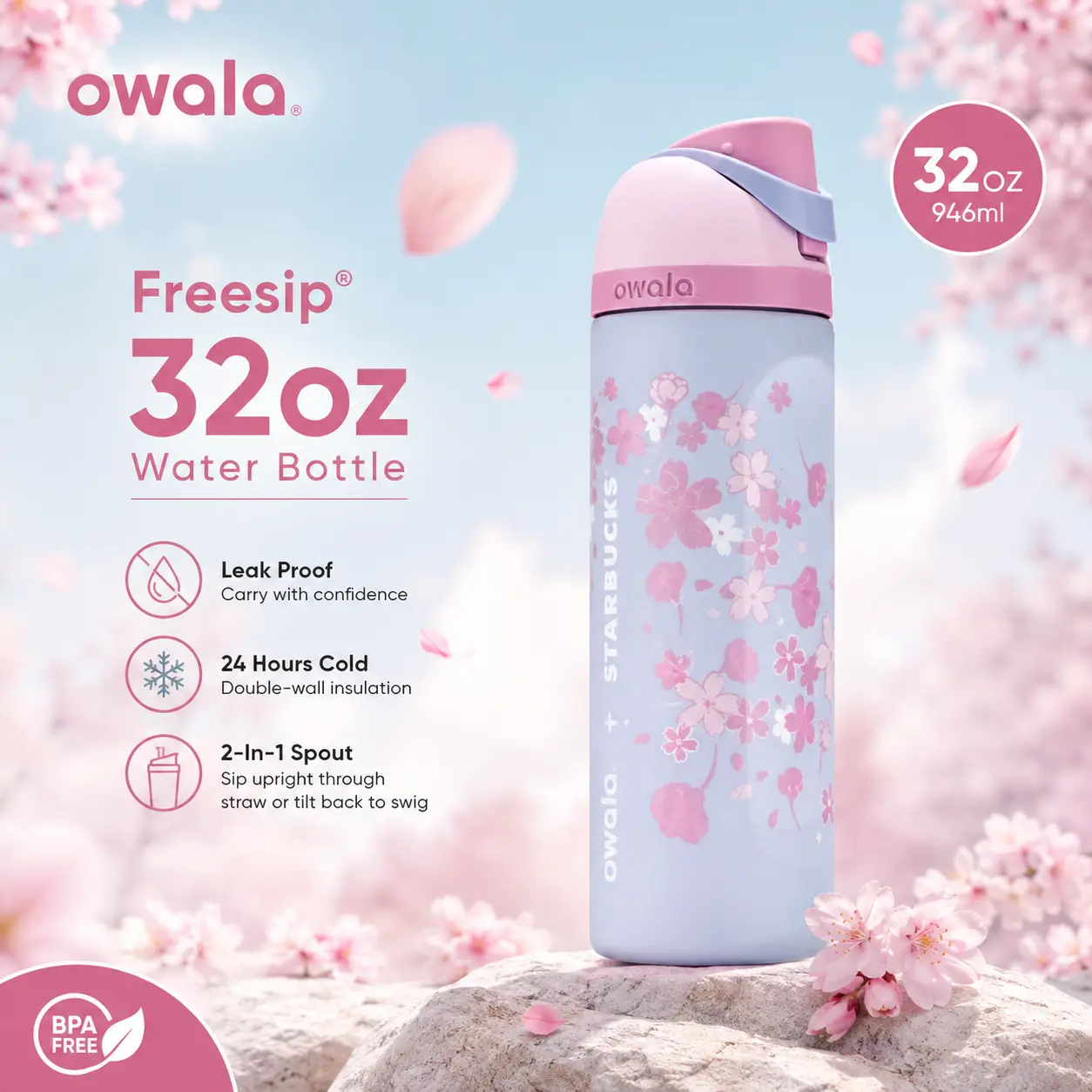 Owala FreeSip 32oz Cherry Blossom Insulated Water Bottle Limited Edition, Gift For Friend, For Her, For Him