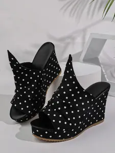 Women's Polka Dot Pleated Wedge Sandals, Waterproof Thick Sole High Heel Slippers, Summer Outdoor Slimming Flip Flops, Wedge Heeled Sandals
