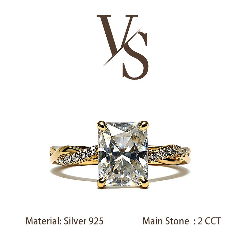 [Venus Jewelry] Synthetic Moissanite 2 CCT Radiant Cut Double Twist Band Design VVS 1 D Color Solid Silver 925 Solitare Ring