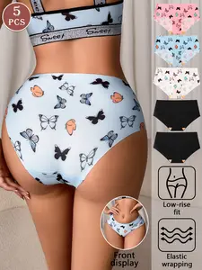 5-piece set of women's butterfly print seamless slim-fitting panties, simple, comfortable, and sexy women's briefs, Seamless Underwear, suitable for all seasons and everyday wear.