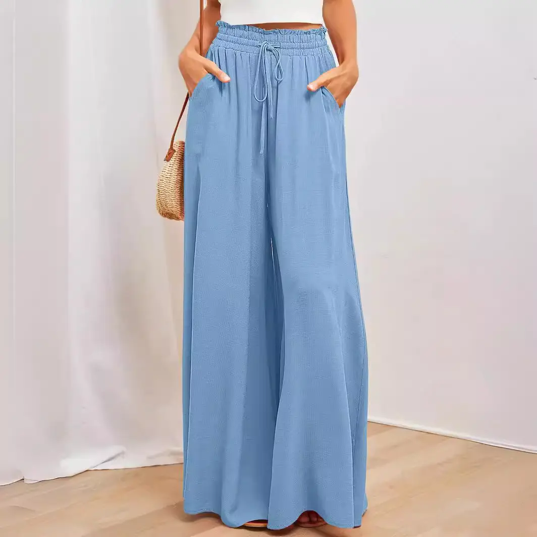 Spring and Summer New Women's Wide-Leg Pants Elastic Waistband Wide Leg High Waist Long Culottes for Women