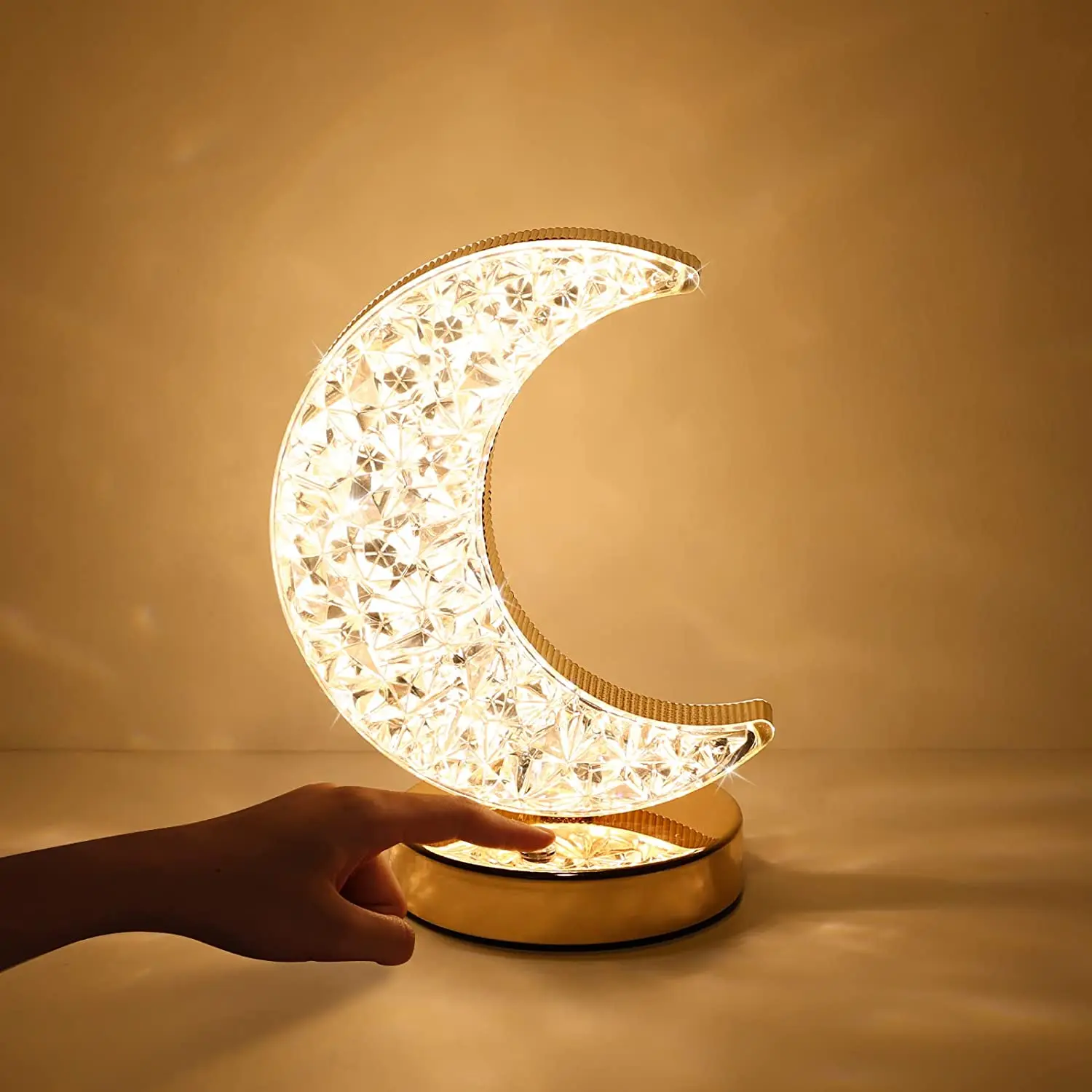 Crystal Moon Table Lamp - Touch Control, USB Rechargeable, 3-Color Dimmable LED Light for Bedroom, Living Room, and Ramadan Decor