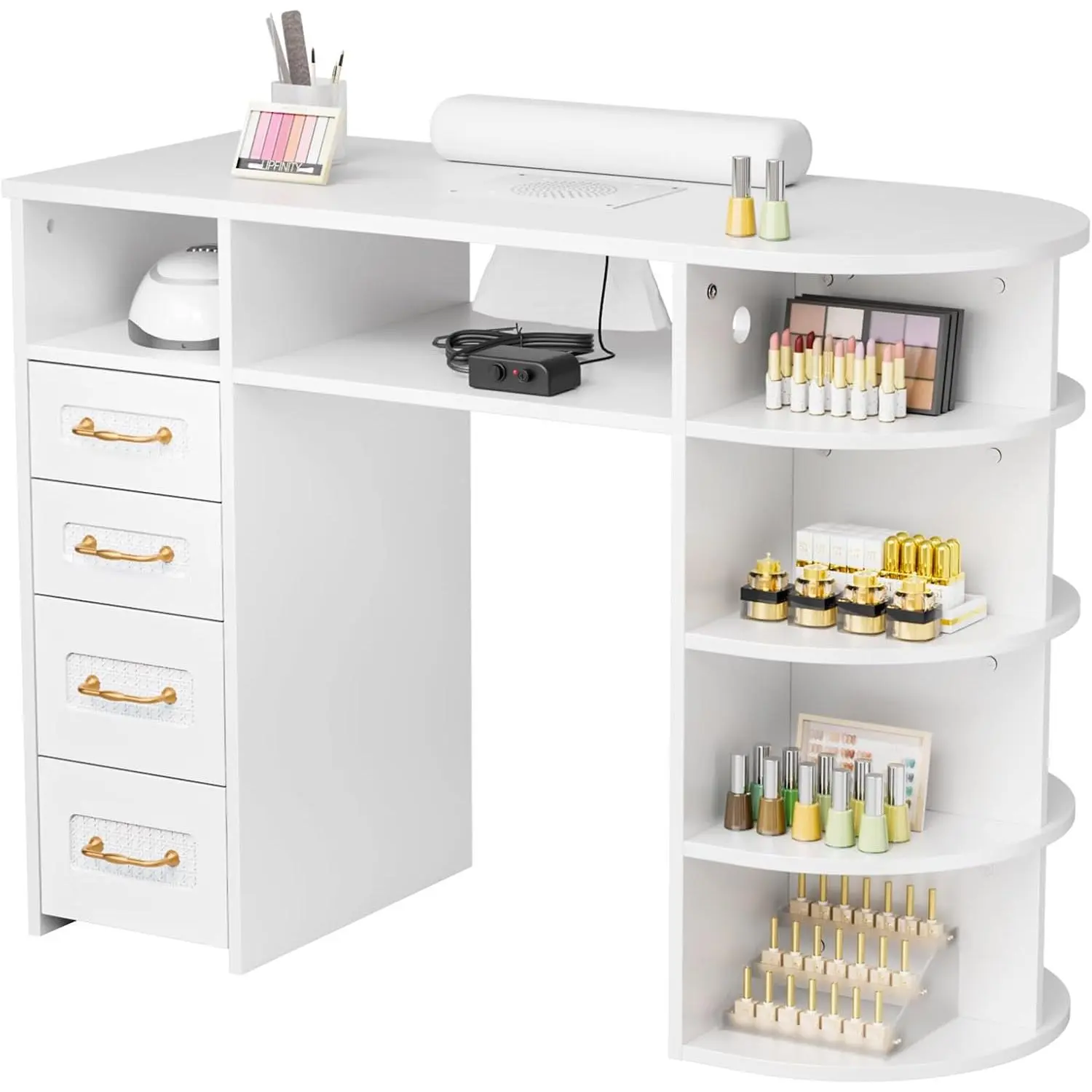 OmySalon Sturdy Stable Gold Rattan Nail Table Workstation - Commercial Salon Furniture & Equipment for Nail Techs with Electric Dust Collector, Display Rack, Storage Drawers, Acetone-Resistant, Waterproof Surface, Wrist Cushion