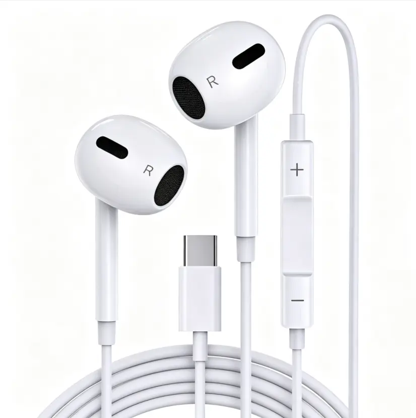 White Durable Clear-Call Earphones with Volume Control & Mic – Works with Lightning and USB-C Devices