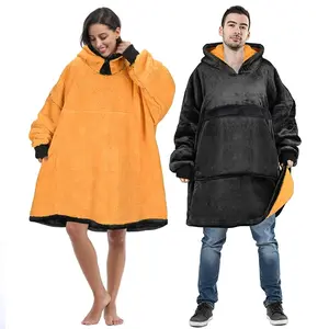 Deluxe Reversible Fleece Oversized Blanket Sweatshirt with Hood Super Soft Warm Large Plush Sleeved Throws for Adult Wom