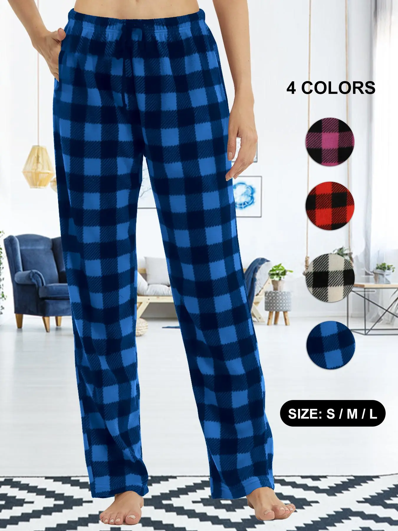 Womens Pajama Bottoms Ladies Fleece Plaid Pjs Bottoms Soft Checked Lounge Trousers with Pockets Sleepwear Nightwear Pants