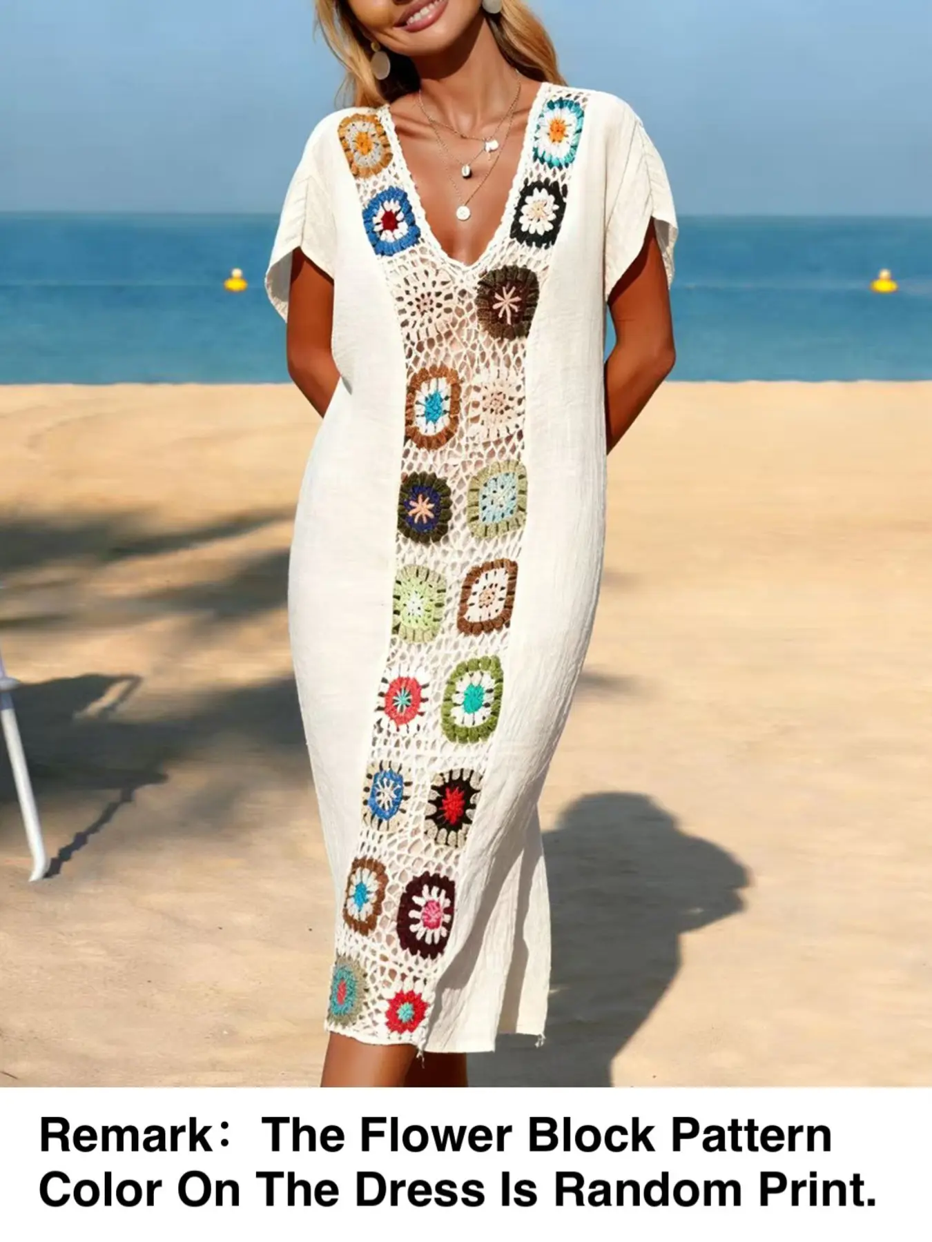 Vacation Style Lightweight Sheer Loose Dress, Hand Crochet Patchwork Side Split Bikini Cover-Up, Women's Casual Cover-Ups