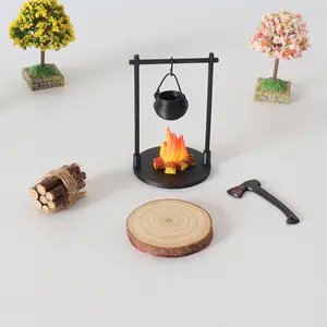 BougeRV  Mini Campfire & Teapot Miniature Statue – DIY Craft/Desktop Photo Prop, Wood/Plastic/PLA Decor Gift for Home, Kitchen, Office, or Garden
