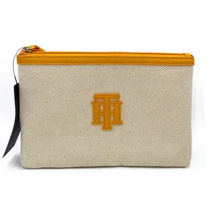 Tommy Hilfiger Mary Ellen II Large Wristlet Natural Canvas Chic Organizer with Iconic TH Monogram and Ochre Trim