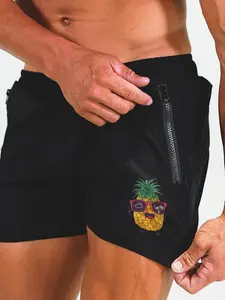 Men's Pineapple Print Zipper Side Pocket Swim Shorts, Regular Fit Casual Breathable Quick Drying Swim Shorts for Summer, Men's Swimwear for Beach Swimming