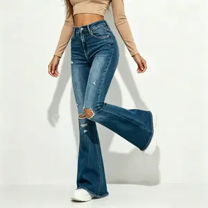 Women's High-Rise Casual Flared Distressed Holed Jeans - Fashion Womenswear Bottoms