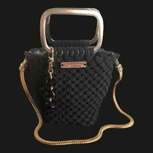 Gladys thomar design Handmade Black Macrame Bag with Gold Accents & Keychain Elegant Handwoven Design 100% Cotton 3.7x2.4"