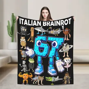 6 7 Italian Brainrot Six Seven Meme Flannel Blanket Durable Throw Blanket for Living Room Funny Bedspread Sofa Bed Cover