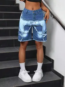 Women's Fashion Streetwear Denim Jean Button Fitted Mid-Thigh Pants Spring Summer Trendy Patchwork Design New Style Casual Women's Mid-Thigh Pants Bottom Womenswear Fitted Jeans