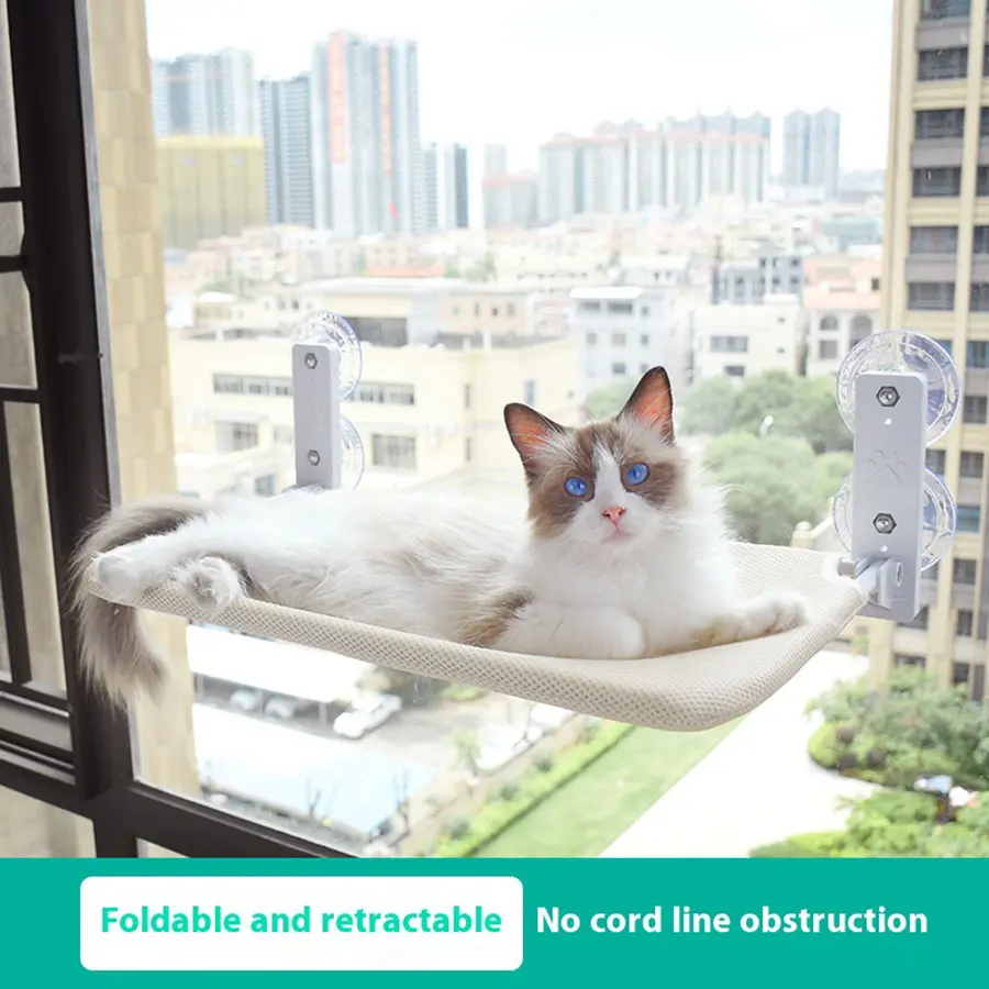 Pet Cat Hammock Sturdy Heavy Double Suction Cup Foldable Window Balcony Sunbathing Bed for Cats with Climbing Ladder Accessories Foldable Retractable No Cord Line Obstruction Cordless Perch Window Bed with Suction Cup Hanging Shelf Bed