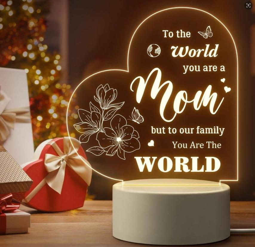 To The World You Are A Mom Heart 2D Acrylic LED Night Light, Warm White USB Bedside Lamp, Mother's Day Birthday Gift for Mom, Bedroom Home Decor