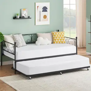 Twin Day Bed with Trundle, Metal Daybed with Pull Out Trundle Bed Frame, Steel Slat Support Sofa Bed for Kids Teens Adults, No Box Spring Needed, Modern, Black