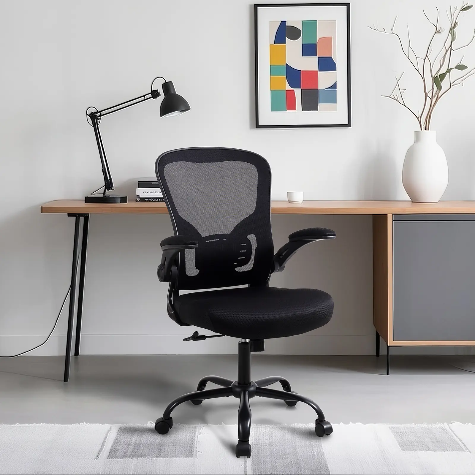 ERMNOIS Office Chair, Ergonomic Desk Chair - Thick Cushion Adjustable Height Computer Chair with Lumbar Support and Flip-up Armrests, Home Office Desk Chairs, Swivel Task Chair