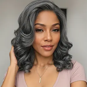 4*1 Lace Part Mother's Day Side Part Body Curly Hair Wig Ombre Grey Wave Wig Synthetic Hair 16 Inch Body Wave Hair Wig Short Lace Part Wig for Women/Mother Wave Curly Hair Daily Life Or Party Use Black/Brown/Grey Wave Curly Hair Wigs
