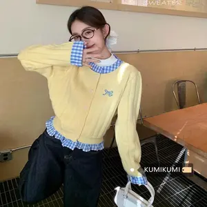 Y2k Niche Design Contrast Color Plaid Knitted Cardigan Women's Winter Fitted Bow Embroidery Loose Sweater Jacket Knitwear Casual Polyester Tops