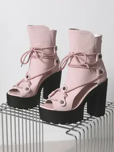 Unique Design Strap Sandals, Thick Sole Chunky Heel Waterproof Platform Boots, Tall Skinny Fish Mouth Shoes, Versatile Slimming Footwear