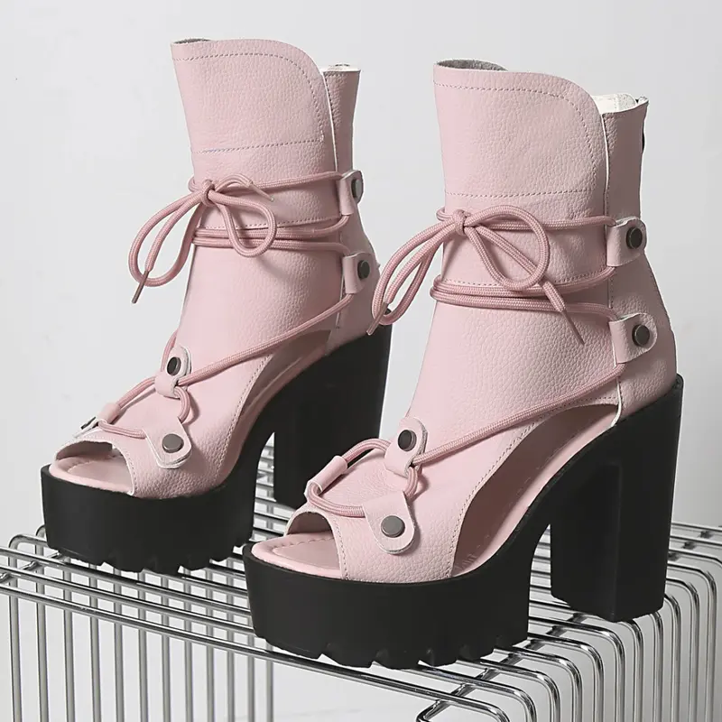 Unique Design Strap High Heels, Thick Sole Chunky Heel Platform, Peep Toe Slimming Versatile Footwear, Fashion Footwear