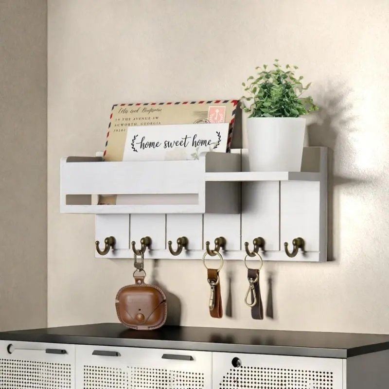 Wooden Wall-Mounted Key Organizer with 6 Hooks and Small Shelf, Mail Sorter and Entryway Storage Holder for Living Room or Entrance, Wall Mountable Home Decor Organizing Essential