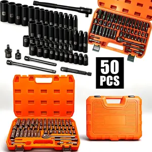 50 PieceSocket Set SAE (5/16"-3/4")& Metric(8-22mm)，3/8" Drive lmpact Socket Set,6 Point CR-V Drive Extension BarUniversal Joint & Power Drill Adapter IncludesStorage Case summervibes☀️