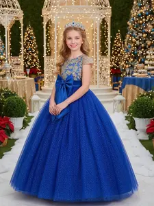 Girls' Christmas Party Dress, Floral Embroidered Princess Gown with Bow Belt, Elegant Summer Woven Fabric, Perfect for Special Occasions